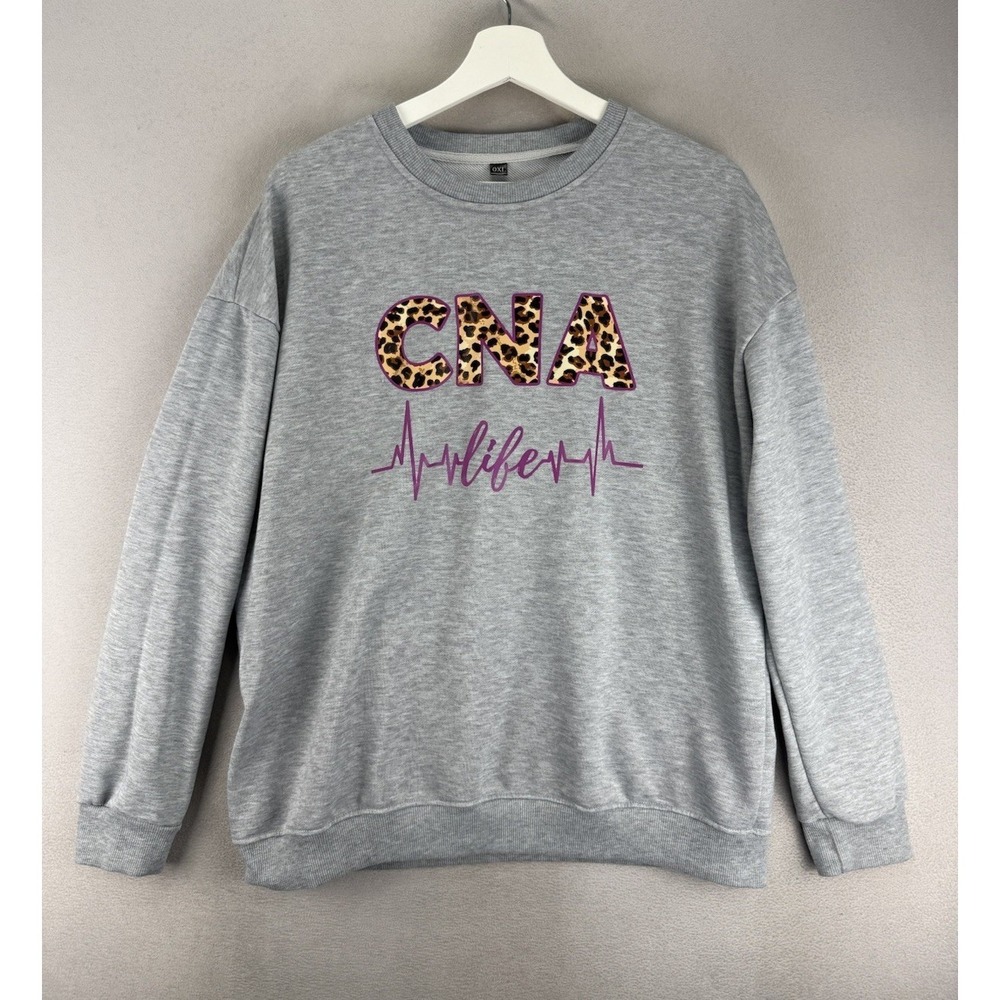 Temu Women's Sz XL Grey Leopard Print CNA Life With‎ Heart Rhythm Design Sweater